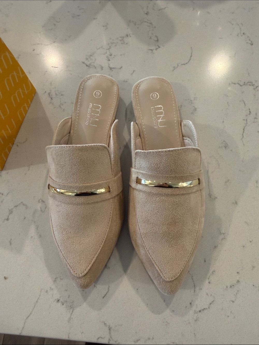Pointed Toe Slip-On Mules with Gold Accent - Beige